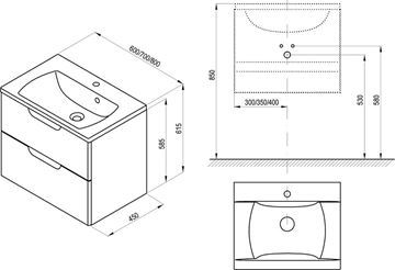 RAVAK SD CLASSIC II skříňka pod umyvadlo 80x45x58,5 cm, 2 zásuvky, lesklá bílá X000001480 Technický nákres