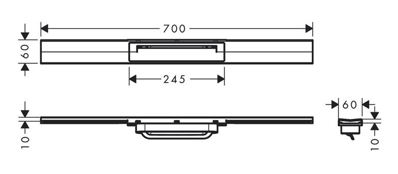 HANSGROHE 700 RAINDRAIN FLEX vrchní sada sprchového žlabu, zkracovatelný, pro instalaci volně na plochu, matná bílá 56043700 Technický nákres