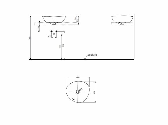 TOTO TA VESSEL umyvadlová mísa 46 cm, s přepadem L4704E Technický nákres