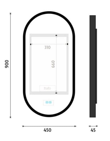 NIMCO ZP 32000 zrcadlo 45x90 cm, s osvětlením, s regulací stmívání, s regulací teploty světla, se senzorem ZPC 32003LVX-90 Technický nákres