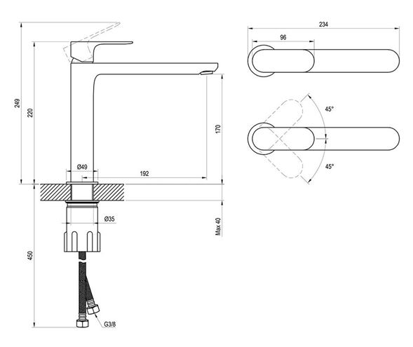 RAVAK ELEGANTA umyvadlová stojánková baterie, EcoFlow, matná černá X070387 Technický nákres