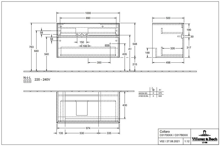 VILLEROY & BOCH COLLARO skříňka pod umyvadlo 100x50x54,8 cm, 2 zásuvky, s osvětlením, Nordic Oak C017B0VJ Technický nákres