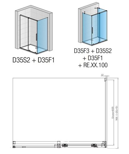RONAL AMALIA D35F1 boční stěna 90x200 cm, matná černá/čiré sklo D35F1 090 06 07 Technický nákres