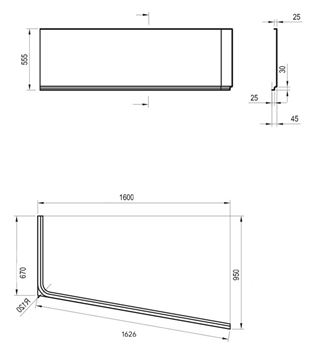 RAVAK 10° 160P čelní panel k vaně 160x54,5 cm, pravý  CZ84100A00 Technický nákres