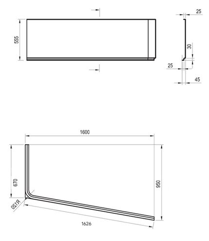 RAVAK 10° 160P čelní panel k vaně 160x54,5 cm, pravý  CZ84100A00 Technický nákres
