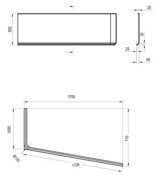 RAVAK 10° 170P čelní panel k vaně 170x54,5 cm, pravý CZ82100A00 Technický nákres