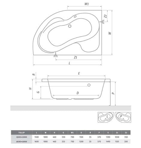 ROTH PROJEKT TULLIP 160 P čelní panel k vaně 160x57 cm, pravý 5159001 Technický nákres