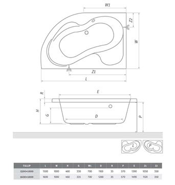ROTH PROJEKT TULLIP 160 L čelní panel k vaně 160x57 cm,  levý 5159002 Technický nákres