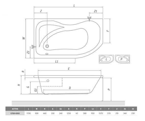 ROTH ACTIVA 170 čelní panel k vaně 170x58 cm 8170001 Technický nákres