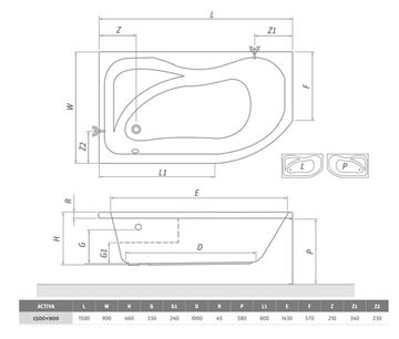 ROTH ACTIVA 150 čelní panel k vaně 150x58 cm 8400001 Technický nákres