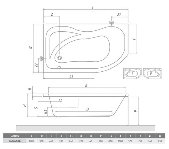 ROTH ACTIVA 160 čelní panel k vaně 160x58 cm 8420001 Technický nákres