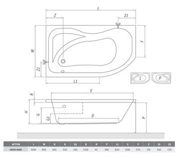ROTH ACTIVA 160 čelní panel k vaně 160x58 cm 8420001 Technický nákres