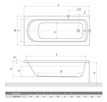 ROTH VANESSA NEO 150 čelní panel k vaně 150x53 cm 8930001 Technický nákres