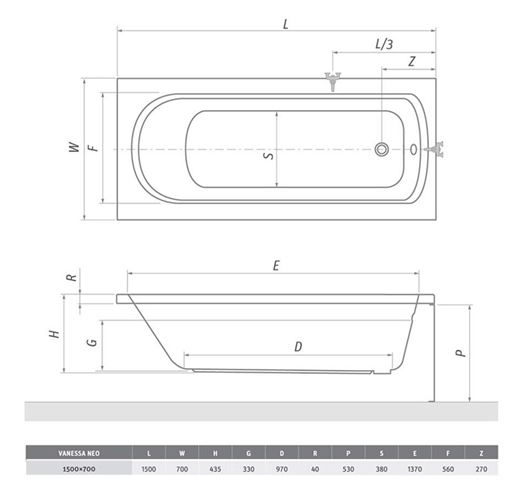 ROTH VANESSA NEO 150 čelní panel k vaně 150x53 cm 8930001 Technický nákres