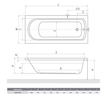 ROTH VANESSA NEO 70 boční panel k vaně 70x53 cm 8930002 Technický nákres