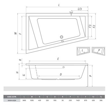 ROTH KUBIC ASYMMETRIC 160 čelní panel k vaně 160x63x52 cm 9660001 Technický nákres