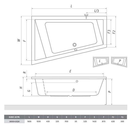 ROTH KUBIC ASYMMETRIC 160 čelní panel k vaně 160x63x52 cm 9660001 Technický nákres