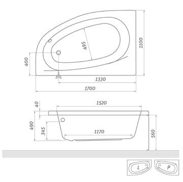 ROTH ISABELLA NEO 170 L čelní panel k vaně 170x57 cm, levý  9700001 Technický nákres