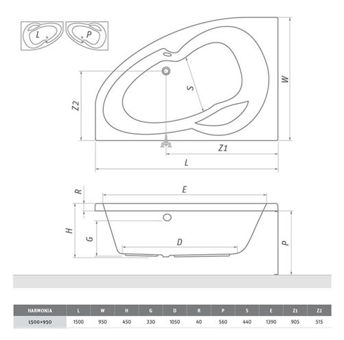 ROTH HARMONIA 150 čelní panel k vaně 150x56 cm 9800001 Technický nákres