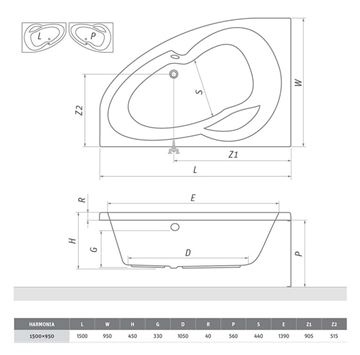 ROTH HARMONIA 150 čelní panel k vaně 150x56 cm 9800001 Technický nákres