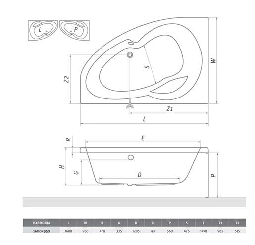 ROTH HARMONIA 160 čelní panel k vaně 160x56 cm 9820001 Technický nákres