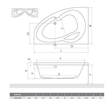 ROTH HARMONIA 160 čelní panel k vaně 160x56 cm 9820001 Technický nákres