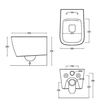 ARTCERAM A16 závěsné WC, Rimless splachování, sand ASV003 59,00 Technický nákres