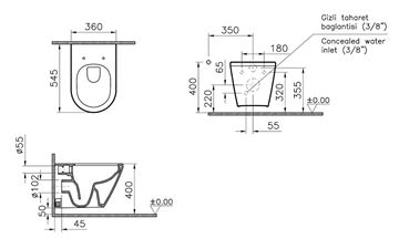 VITRA INTEGRA sprchovací WC, Rim-Ex, VitrAhygiene 7041B003-7211 Technický nákres