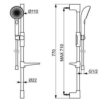 HANSA AURELIA sprchová souprava 4-dílná, ruční sprcha pr. 110 mm, 3 proudy, tyč, hadice, mýdlenka, chrom  47160130 Technický nákres
