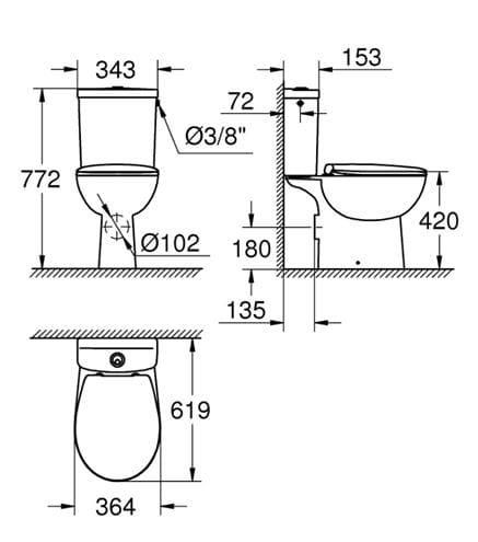 GROHE BAU CERAMIC WC kombi, se SoftClose sedátkem, Rimless splachování, zadní odpad, Dual-Flush, boční napouštění, alpská bílá 39347000 Technický nákres