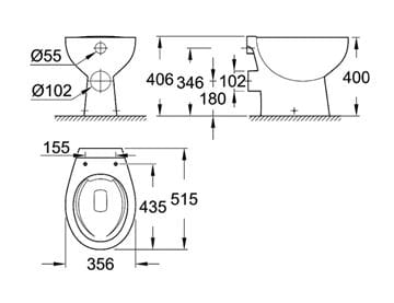 GROHE BAU CERAMIC stacionární WC, Rimless splachování, zadní odpad, alpská bílá 39430000 Technický nákres
