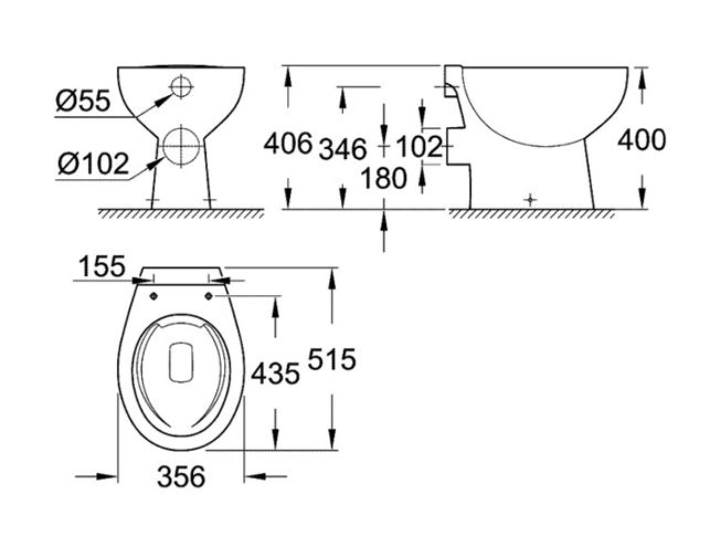 GROHE BAU CERAMIC stacionární WC, Rimless splachování, zadní odpad, alpská bílá 39430000 Technický nákres