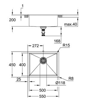 GROHE K700 nerezový dřez 540x440 mm, kartáčovaný cool sunrise 31574GN1 Technický nákres