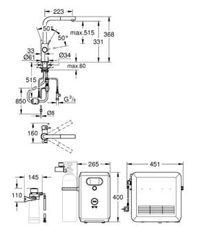 GROHE BLUE PROFESSIONAL dřezové elektronická baterie, s vytahovací koncovkou, s filtračním a chladícím zařízením, Bluetooth, napájení ze sítě, supersteel 31326DC2 Technický nákres