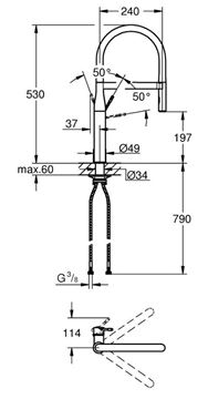 GROHE ESSENCE NEW dřezová baterie, s flexi ramínkem a sprškou, hard graphite 30294A00 Technický nákres