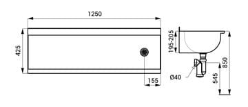 SANELA mycí žlab 125 cm, nerez SLUN 10KL Technický nákres