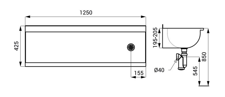 SANELA mycí žlab 125 cm, nerez SLUN 10KL Technický nákres