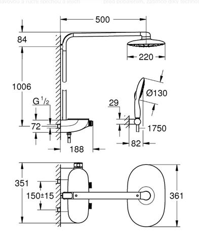 GROHE RAINSHOWER SYSTEM SMARTCONTROL MONO 360 sprchový set s termostatickou baterií, horní sprcha, ruční sprcha se 4 proudy, tyč, hadice, chrom 26361000 Technický nákres