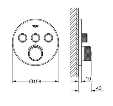 GROHE GROHTHERM SMARTCONTROL podomítková termostatická baterie, pro 3 spotřebiče, Water Saving, hard graphite 29121A00 Technický nákres