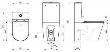 RAVAK WC kombi Elegant, se SoftClose sedátkem, RimOff splachování, vario odpad X01872 Technický nákres