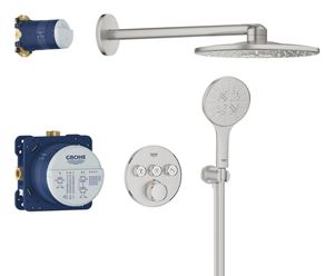 GROHE GROHTHERM SMARTCONTROL sprchový set s podomítkovou termostatickou baterií, horní sprcha, ruční sprcha se 3 proudy, hadice, držák, Water Saving, supersteel