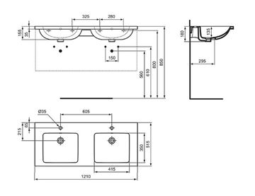 IDEAL STANDARD I.LIFE B dvojumyvadlo 121 cm, se 2 otvory pro baterie a přepadem T460201 Technický nákres