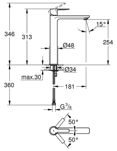 GROHE LINEARE umyvadlová stojánková baterie, supersteel 23405DC1 Technický nákres