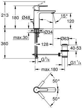 GROHE LINEARE umyvadlová stojánková baterie, s odtokovou soupravou, supersteel 32114DC1 Technický nákres