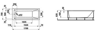 LAUFEN PRO boční panel k vaně 70x57 cm, pravý H2961040000001 Technický nákres