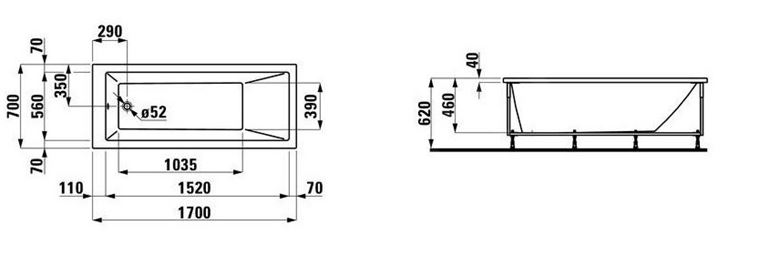 LAUFEN PRO boční panel k vaně 70x57 cm, pravý H2961040000001 Technický nákres