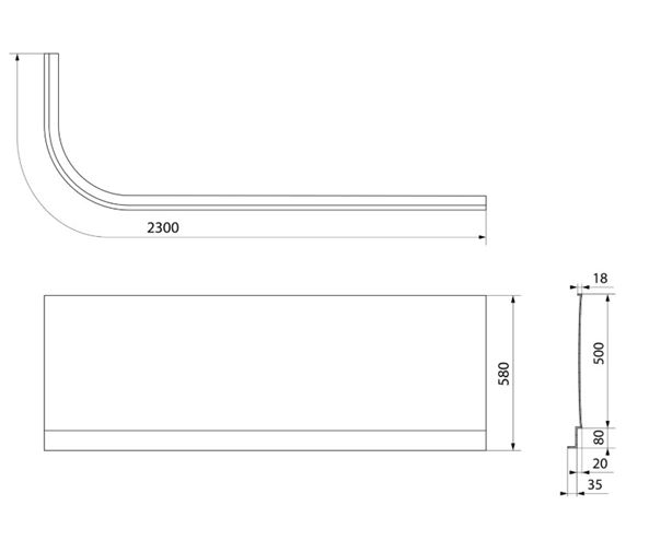 POLYSAN ASTRA čelní panel k vaně 165x58 cm, pravý  34812 Technický nákres