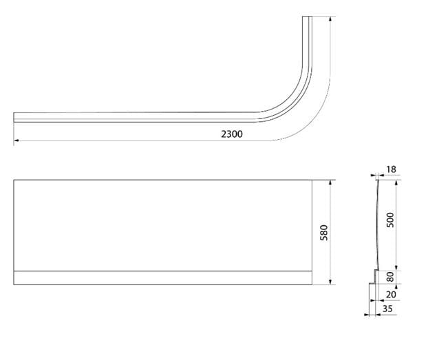 POLYSAN ASTRA čelní panel k vaně 165x58 cm, levý  33812 Technický nákres