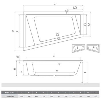 ROTH KUBIC ASYMMETRIC 170 čelní panel k vaně 170x52 cm  9680001 Technický nákres