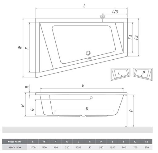 ROTH KUBIC ASYMMETRIC 170 čelní panel k vaně 170x52 cm  9680001 Technický nákres